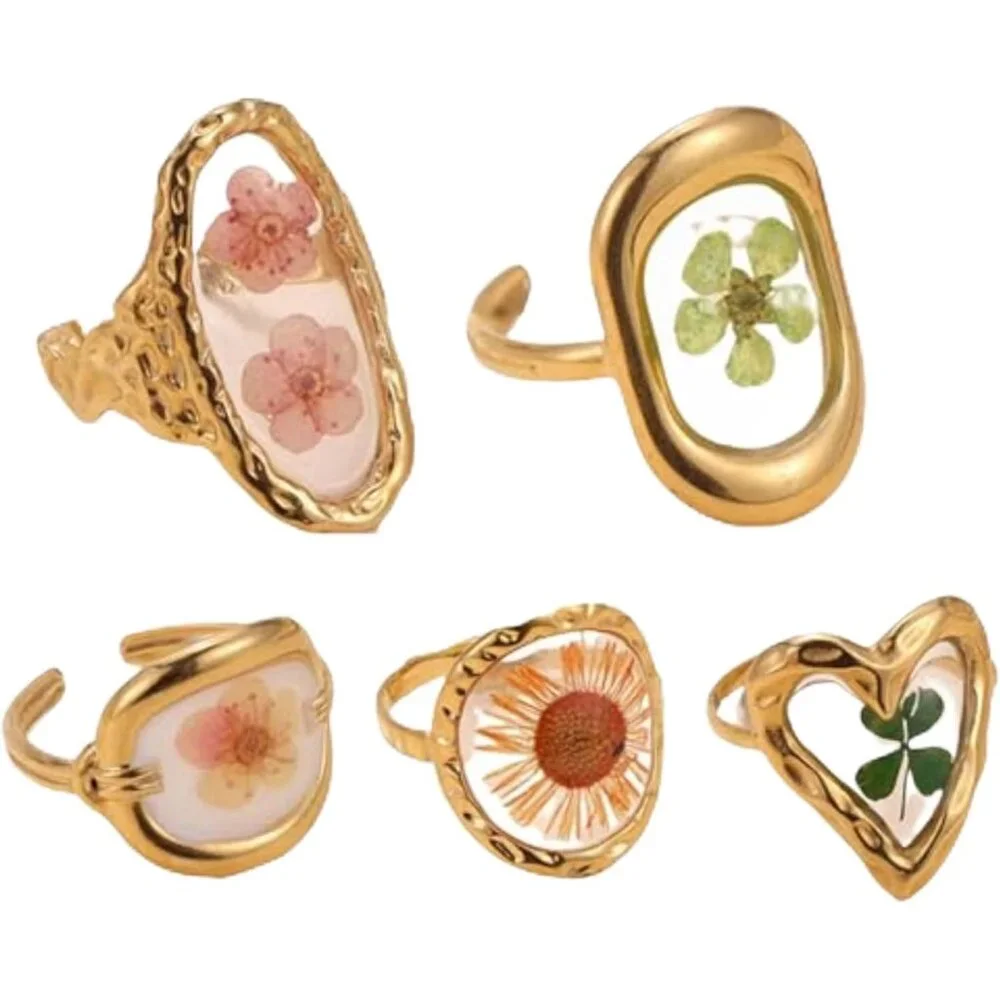 5pcs 18k Gold Plated Floral Adjustable Rings Chunky Gold Rings Vintage Jewelry Y